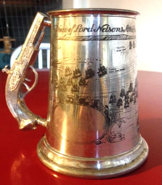Pewter Stein Tankard of Battle of Trafalgar, Gun Handle: A hard-to-find solid vintage solid pewter stein/tankard with "View of Lord Nelsons Attack on the Combined Meet Of Trafalgar 1805" scene with these words on it. Has detailed gun handle with "Pender Bro