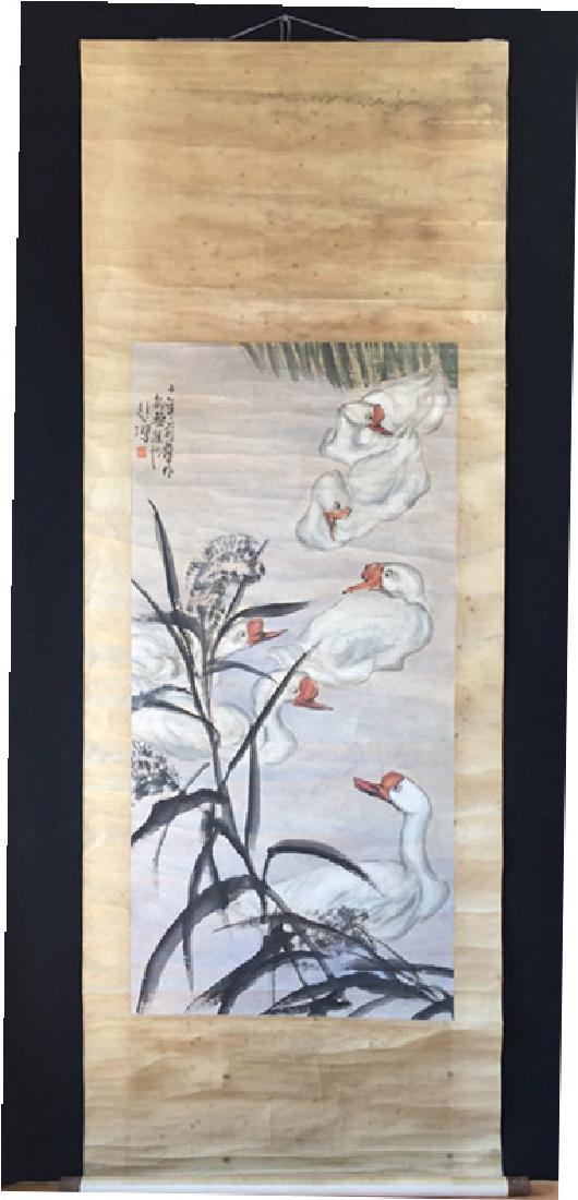 Chinese silk scroll: group of goose: Chinese ink and color on silk scroll, depicting group of goose with one seal, signed Xu Beihong 25"x52"