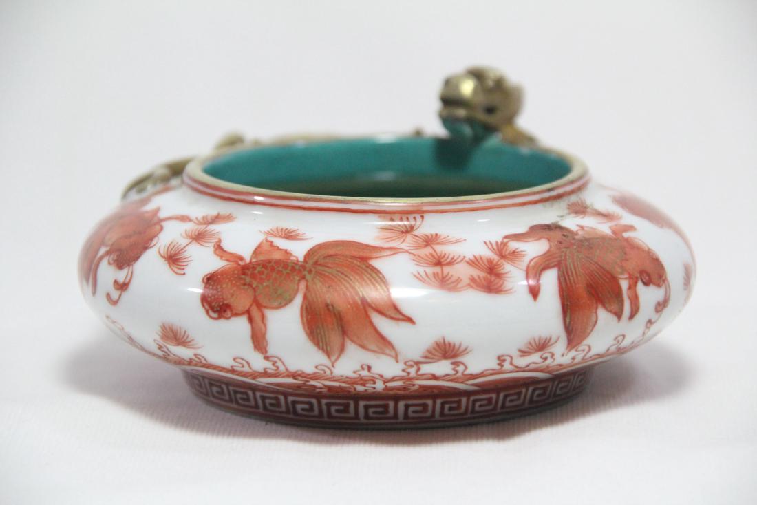 Chinese famille rose porcelain brush washer: Chinese Famille rose porcelain brush washer painted fisher, has dragon motif on finial 6.5"dia