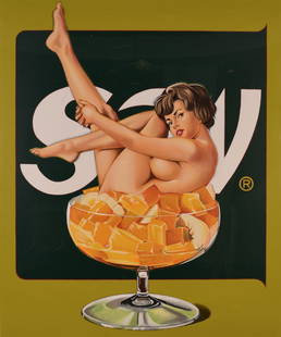 Mel Ramos, American, b. 1935, "Miss Fruit Salad": Mel (Melvin John) Ramos, American, b. 1935, California Nude, pop painting Similar artists: Tom Wesselmann, Norbert Bisky “Miss Fruit Salad” Signature lower right, edition lower left Mel Ramos is