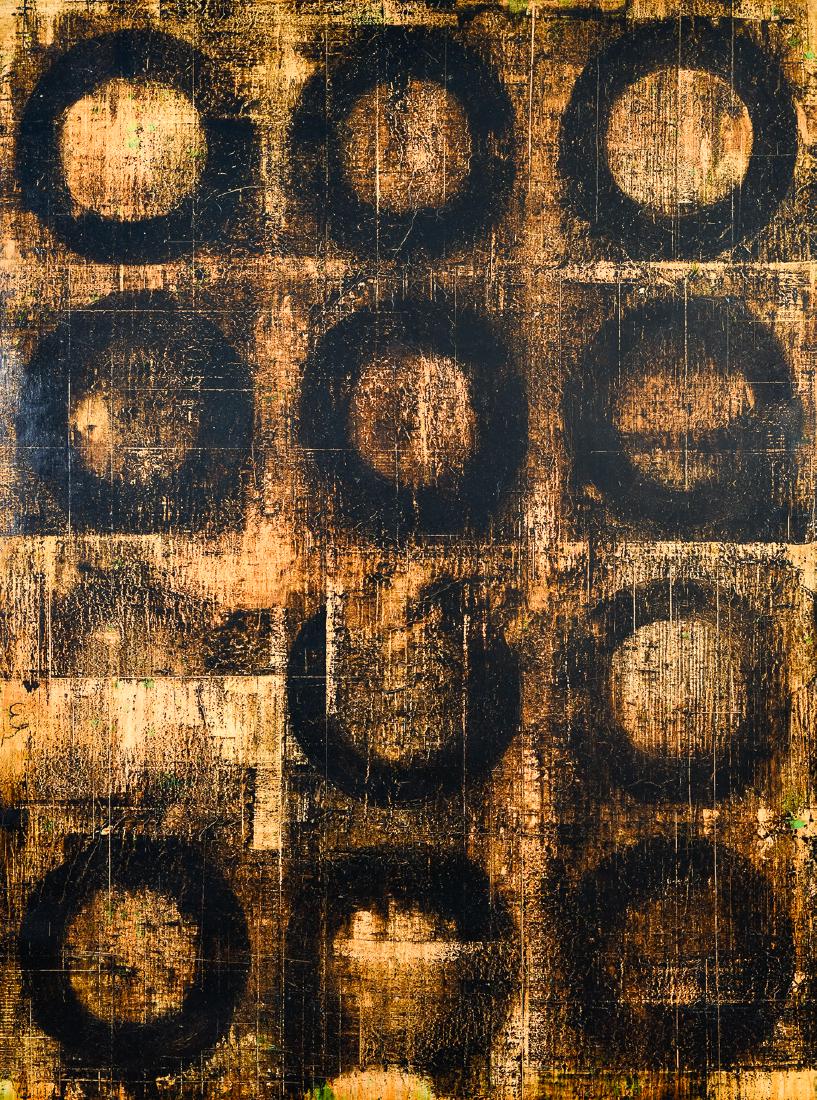 Robert Kelly, Mixed Media Painting on Canvas: Artist: Robert Kelly (American, b. 1956) Title: "Moons of Mourning" Dimensions: 80 x 60 in. Date: 1994 Medium: Oil and Mixed Media on Canvas Signature: Signed, dated, and titled along verso. Provenanc