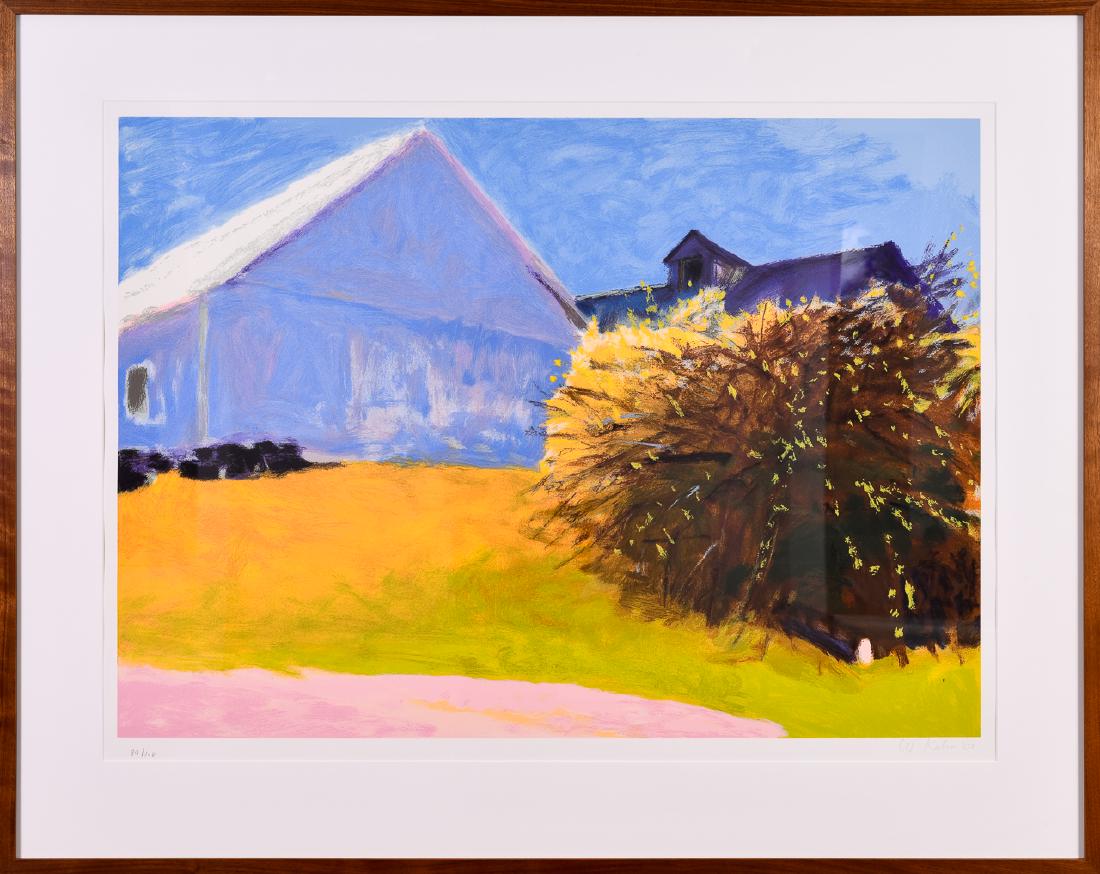 Wolf Kahn, "Barn and Forsythia III," Screenprint: Artist: Wolf Kahn (American, b. 1927) Title: "Barn and Forsythia III" Dimensions: Image 27 1/2 x 38 in; 34 1/2 x 44 1/4 in; Frame 39 x 49 in. Date: 2003 Medium: Screenprint on Paper Edition: 89/108 No