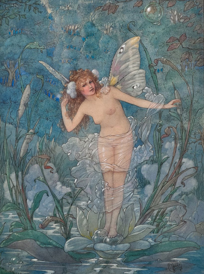 Harold Gaze, Ink, Watercolor and Gouache Painting: Artist: Harold Gaze (New Zealander-American, 1884-1963) Title: "Echo" Dimensions: 13 3/4 x 10 in; Frame 29 1/4 x 24 1/4 in. Date: 1932 Medium: Ink, Watercolor, and Gouache on Paper Signature: Signed a