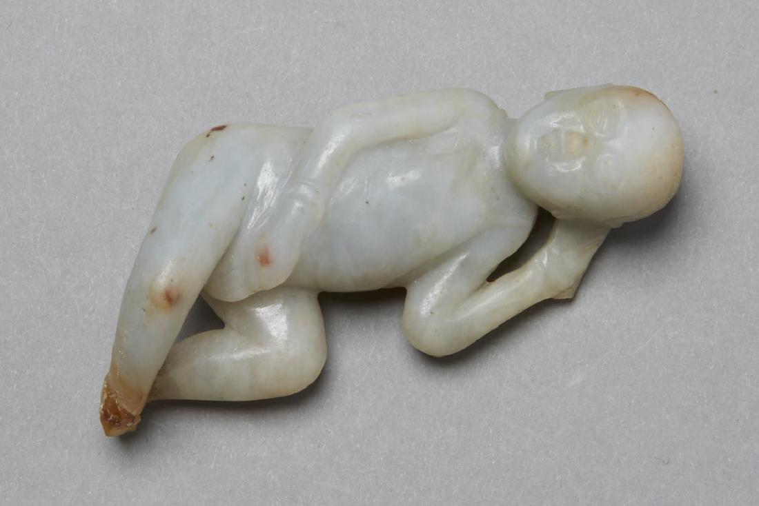 Chinese early 19th C. blue/grey Jade Maiden - BTC Acpt: Chinese early 19th century jade, pale blue grey in tone. Depicts a doctors model of a reclining maiden with a comb or leaves in her hair, extremely rare subject matter to see in jade. Dimensions: 3 in