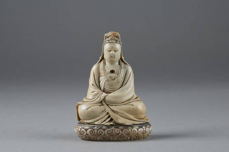 Chinese 18th C. Soapstone Figure of Guanyin Signed: A stunning example of early Chinese soapstone carving. This Guanyin is a fantastic example of its kind. Delicately carved robes and incised decoration in the trim set this carving apart. Formerly in t