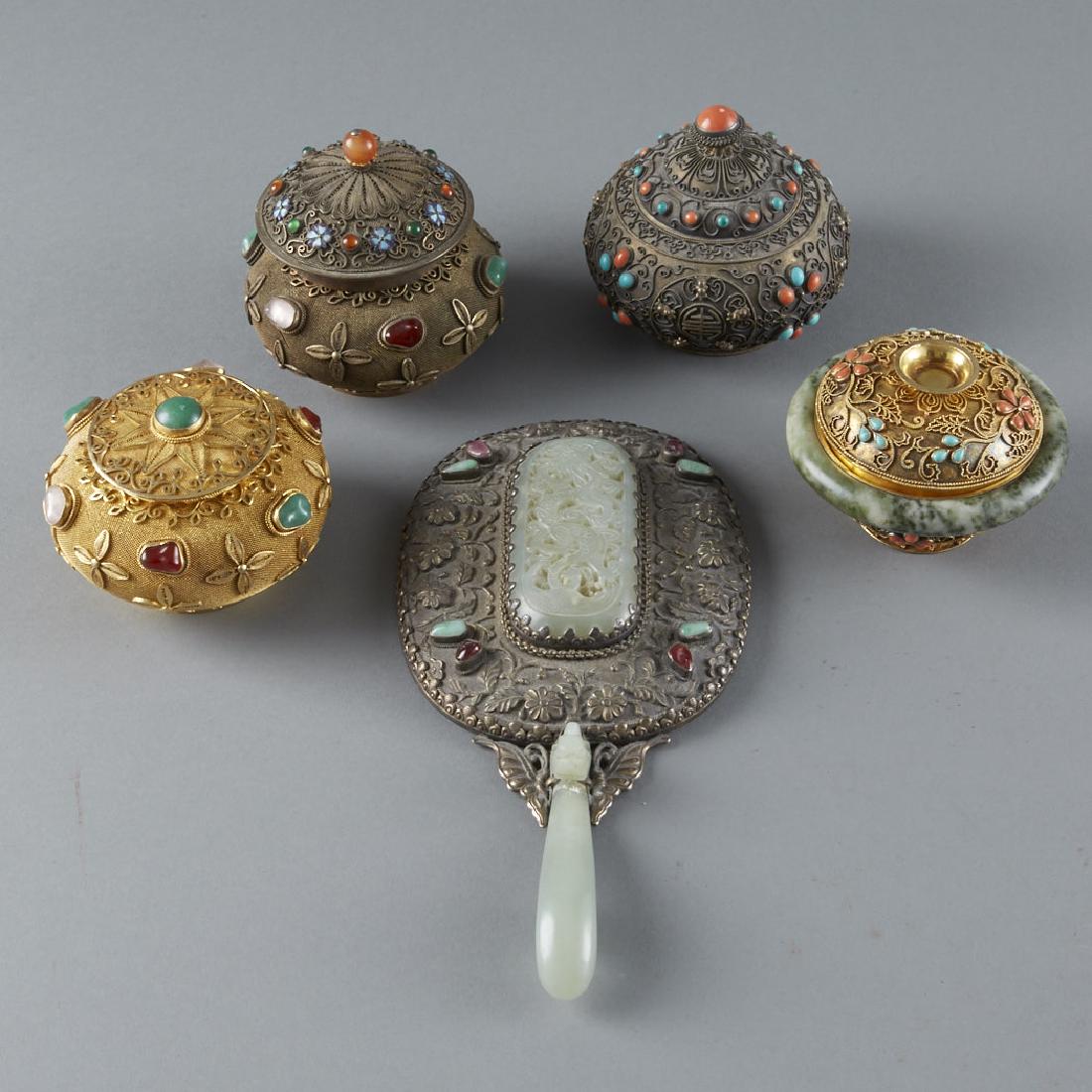 Chinese Enameled Silver Objects Inlay: A lovely grouping of Chinese silver objects inlaid with a variety of semi-precious stones Dimensions: Mirror: 9 in. x 4 3/8 in., Small with Quartz Ring: 2.5 in. x 3.5 in., Weights: Mirror: 9.35 ozt, M