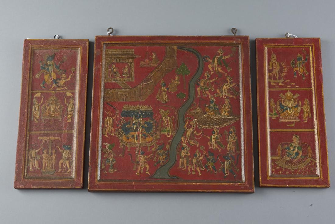 Mughal / Indian 19th C. Painted Cabinet Panels: A stunning set of cabinet panels removed from their original box or furniture and re-mounted as wall hangings. Stunning decoration depicting several different stories. Dimensions: 11 1/8th in. x 4.75 