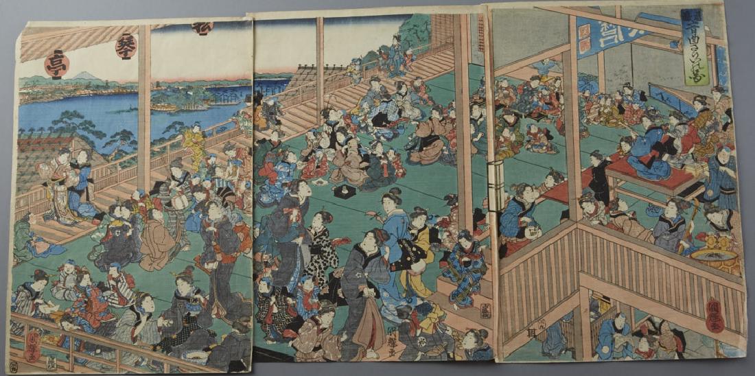 Japanese triptychs: Utagawa Fusatane & Utagawa: Group of two Japanese woodblock triptychs. One by Utagawa Fusatane featuring an interior scene with several women and children. The other by Utagawa Kuniteru features three women playing musical instr
