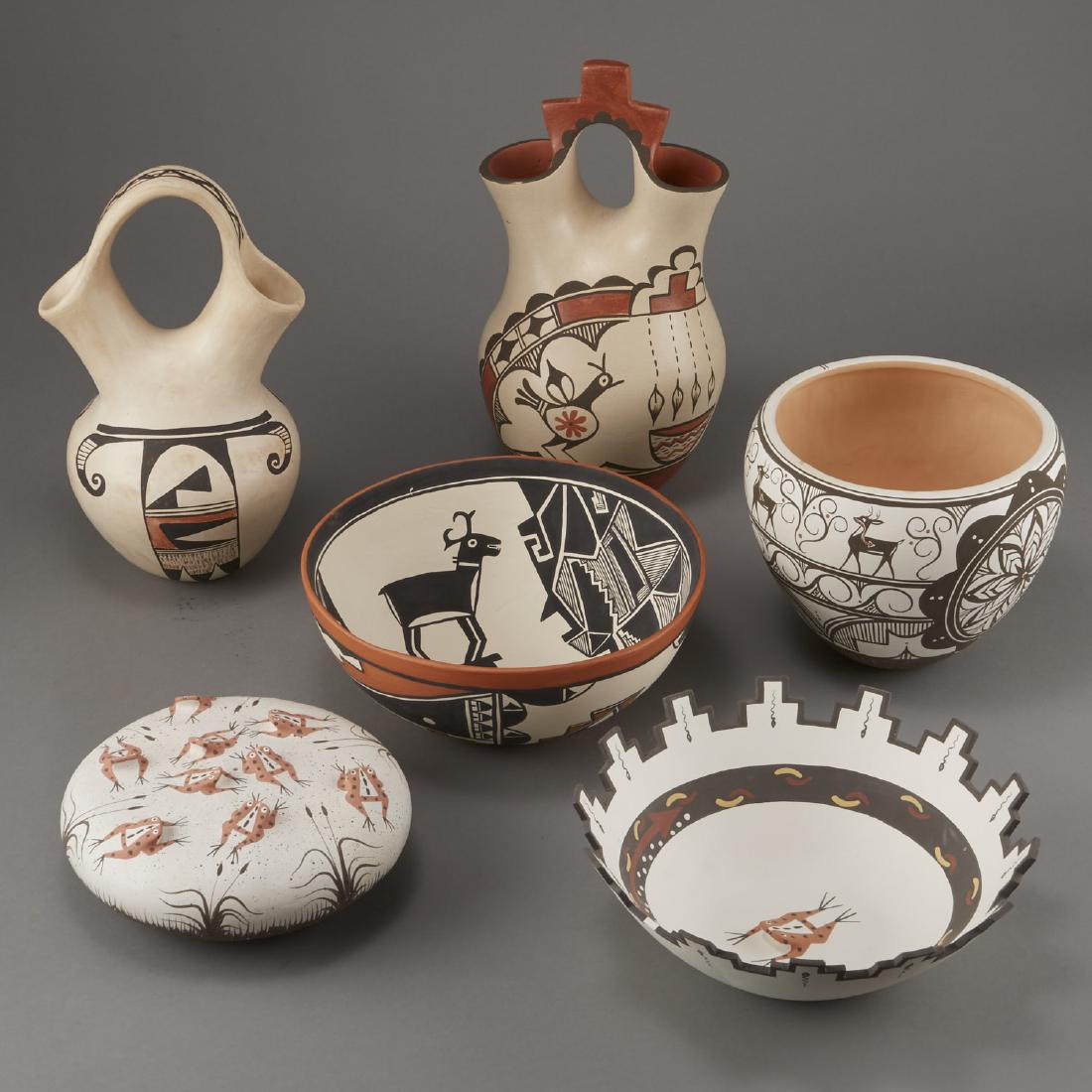 Group of 6 Zuni Jemez Zia Pueblo Pottery: Group of 6 Pueblo pottery pieces. One P. Peynetsa jar with deer and flower head decoration. One Irene Herrera Zia wedding vase with bird decoration. One VJT Jemez bowl with bold geometric designs. One