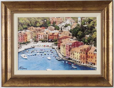 4 Martin Roberts Mediterranean Giclees: Martin Roberts. Four giclees of Mediterranean scenes. Dimensions: French harbor scene: unframed; Height: 13 in. x Width: 19 1/2 in. Framed; Height: 20 1/2 x Width: 27 1/2 in. Other three giclees: unfr