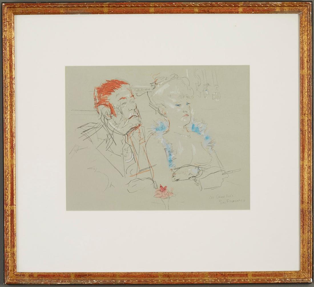 Jack Levine Facing East Mixed Media on Paper: Jack Levine (1915-2010). Pencil and colored pencil on paper titled "Facing East." Drawing is inscribed "At Amelio's, San Francisco" along the lower right. Provenance: Private collection, Minnesota. No