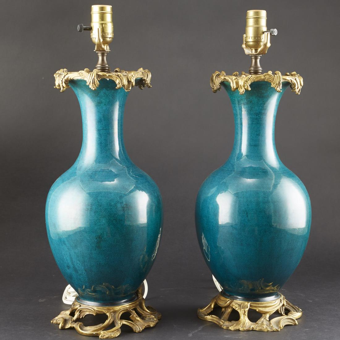 Pair of 19th Chinese Turquoise Porcelain Vases as Lamps (1 of 5)