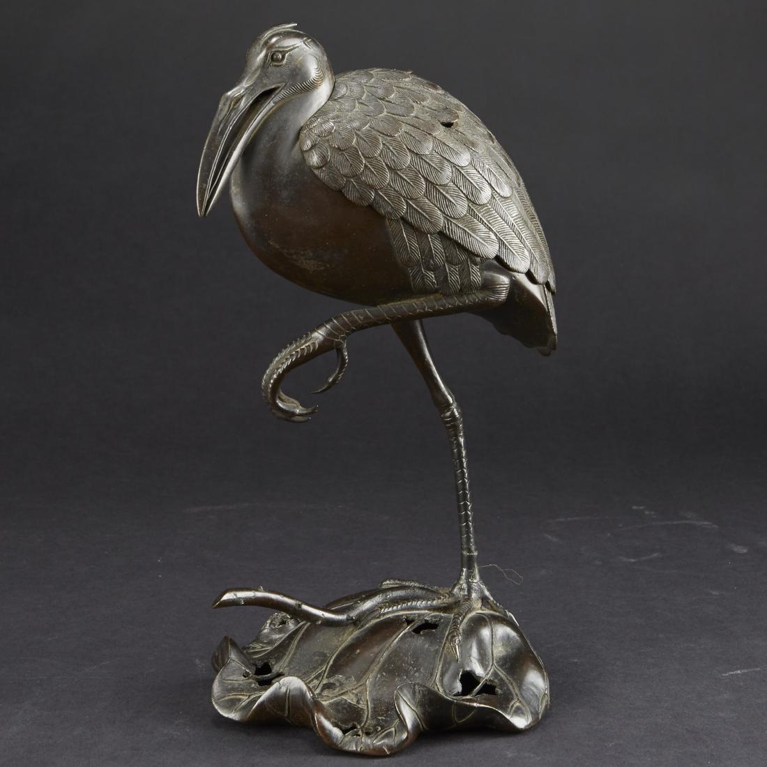 Japanese Meiji Bronze Censer Crane on Lilly Pad (1 of 3)