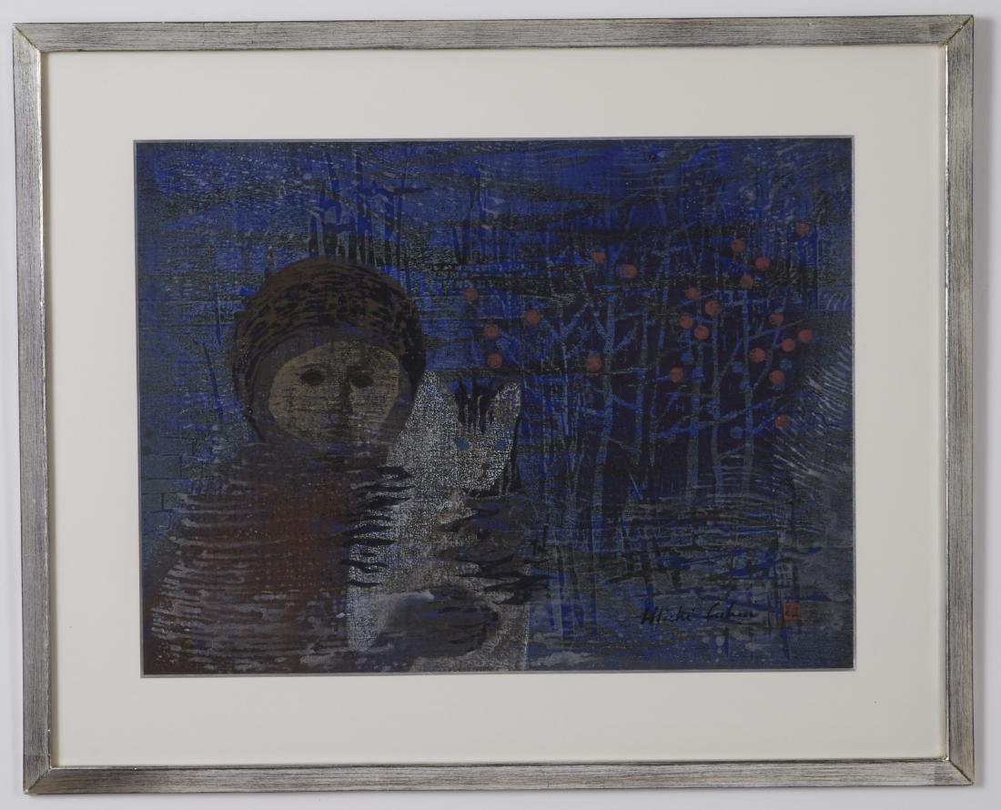 Michi Fukui Woodblock Print with Girl and Cat (1 of 3)