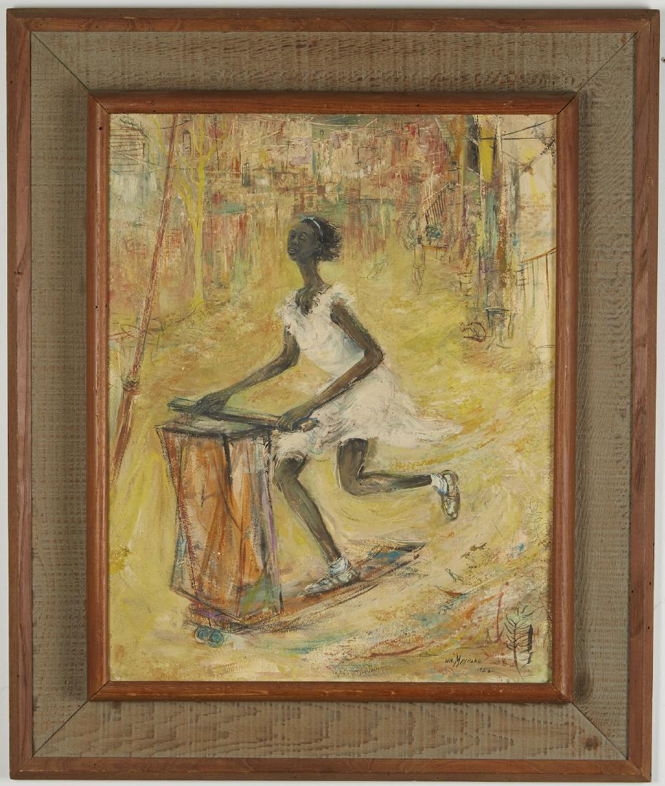 William Maynard Escape Oil on Masonite: William Maynard (1921 - 2016). Oil on masonite titled "Escape." Signed and dated 1956 along the lower left. Verso bears a label from the Boston Society of Watercolor Painters Exhibition.Unframed; heig