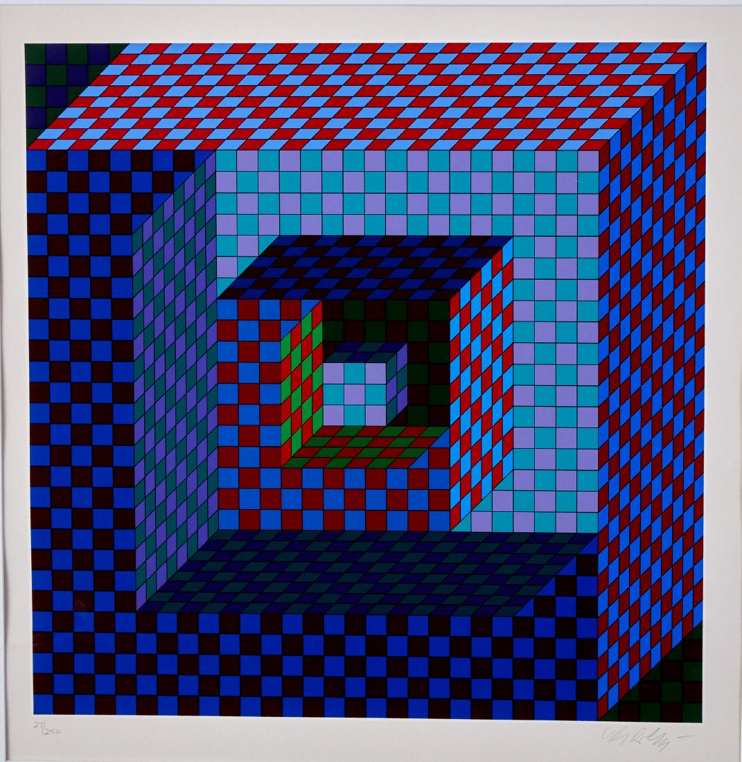 Vasarely Oetka Lithograph Op-Art: Victor Vasarely (1906-1997). Lithograph on paper titled "Oetka." Pencil signed along the lower right and numbered 27/250 along the lower right. Dimensions: Sight; height: 22 in x width: 21 in. Framed;