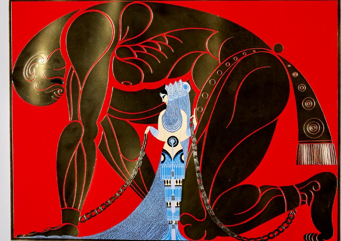 Erte Samson and Delilah Silkscreen Art Deco Fashion: Erte (1892-1990). Embossed silkscreen print titled "Samson and Delilah." Pencil signed along the lower right and numbered 141/300 along the lower left. Dimensions: Sight; height: 17 in x width: 22 1/2