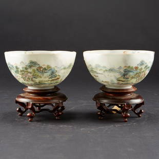 Pair Chinese Republic Period Famille Rose Octagonal: Pair of fine Chinese Republic Period famille rose octagonal eggshell porcelain bowls painted on exterior and interior with intricate mountain landscape scenes. Undersides bear apocryphal Qianlong mark