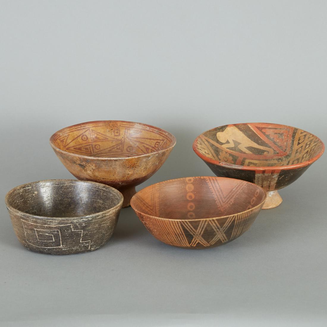 4 Pre-Columbian Ceramic Bowls: Four Pre-Columbian ceramic bowls originating from regions in South America, including two Narino bowls from Colombia (1200-1400 C.E.); one Chavin bowl from Peru (1000-400 B.C.E.); and one Paracas bowl