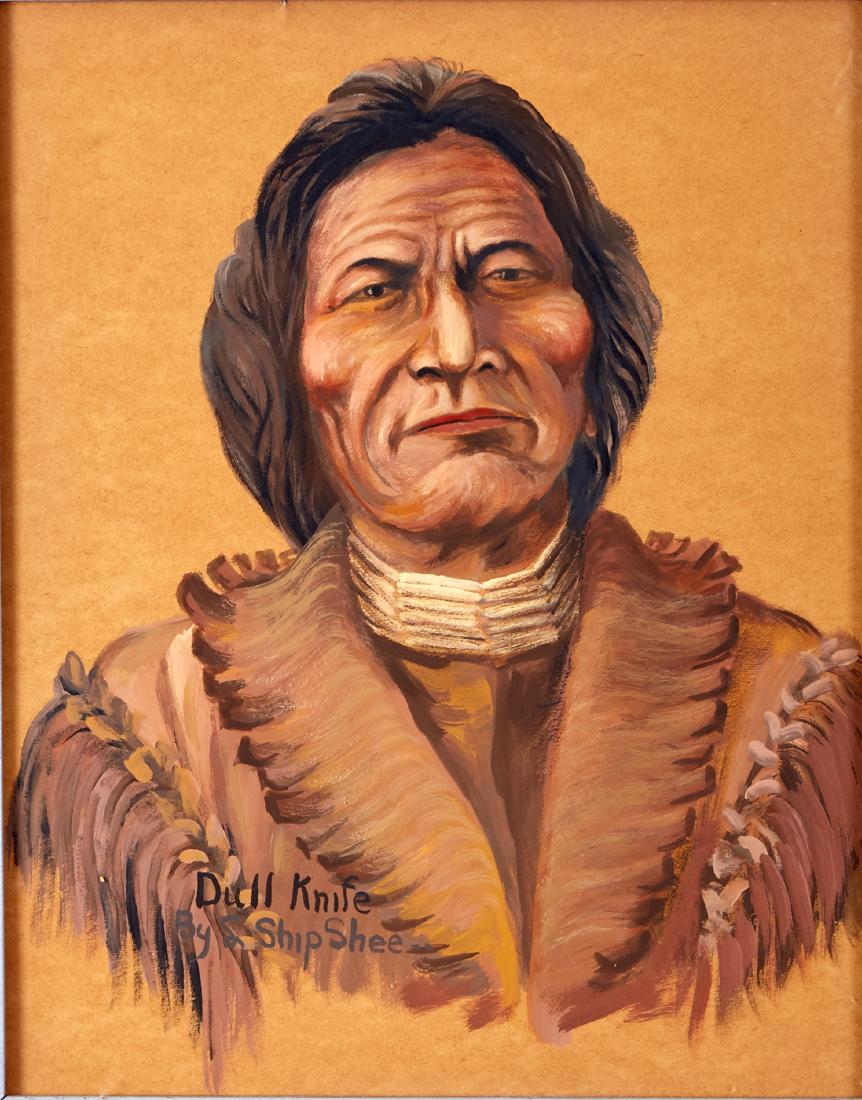 Group of 2 Louis ShipShee Gouache Paintings: Louis ShipShee (1896-1975). Two gouache portraits on paper, one depicting Sitting Bull and the other depicting Dull Knife. Both are signed and titled along the lower left. Dimensions: Sitting Bull; si