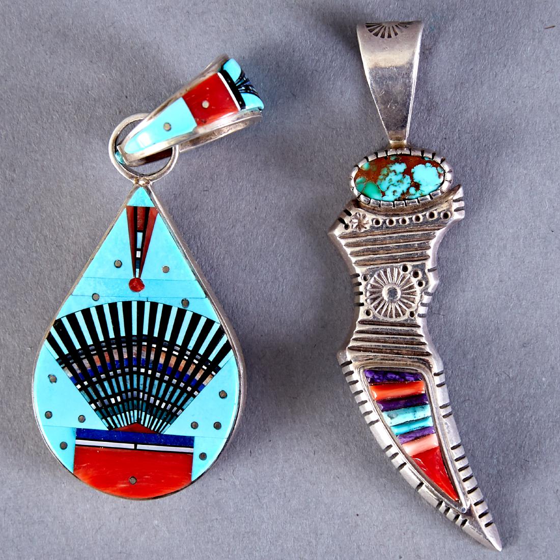 2 Navajo Stone Inlay Pendants Ervin Tsosie David Tune: Group of two Navajo stone inlay pendants. One Ervin Tsosie sterling silver pendant with a multi-stone mosaic inlay, and one David Tune sterling silver and multi-stone inlay pendant, signed.