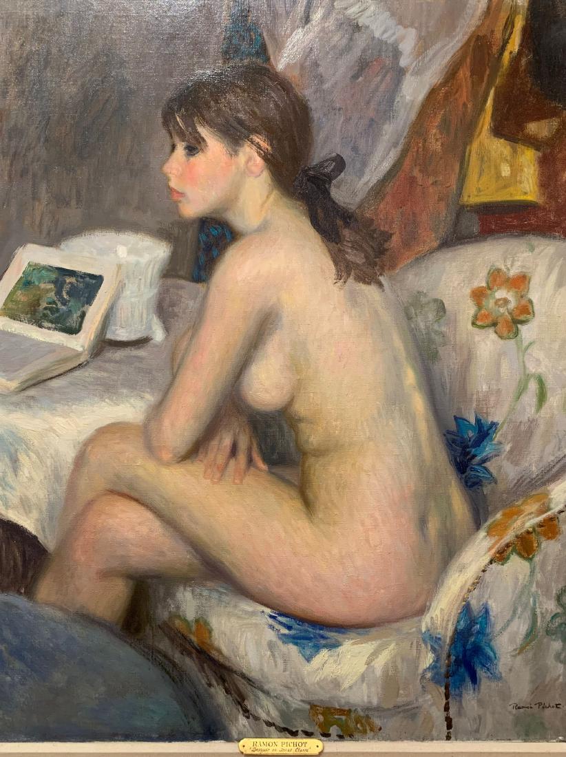 Ramon Pichot "Desnudo en Tonas Claros" Oil on Can: Ramon Pichot (1924-1996). Oil on canvas titled "Desnudo en Tonas Claros" depicting a nude woman on a couch with a book. Signed along the lower right. There is a Galt Gallery label adhered to the verso