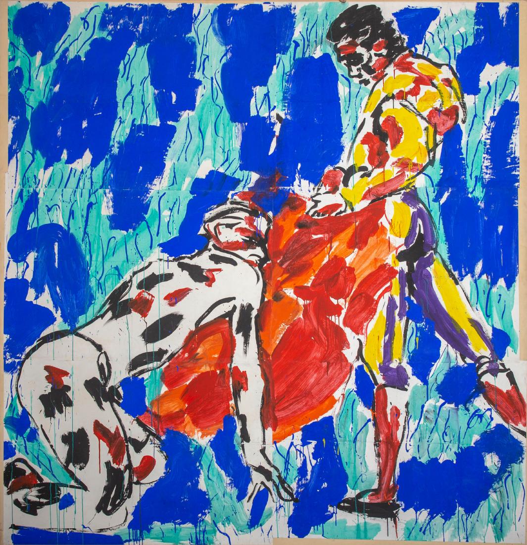 Luciano Castelli "Ole" 1981 Mixed Media: Luciano Castelli (b. 1951). Mixed media on paper mounted on canvas titled "Ole." 1981. Provenance: Joshua Gessel collection; Estate of Dolly J. Fiterman Dimensions: Height: 101 1/2 in x width: 96 in.