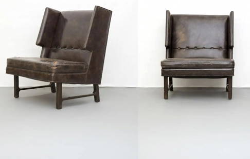 Set of 2 Edward Wormley Dunbar Wingback Chairs: Edward Wormley (1907-1995) for Dunbar, USA. Set of two wingback chairs, c. 1960s. Leather and stained mahogany. Dimensions: (Each) Height: 36 1/2 in x width: 30 1/2 in x depth: 25 in.