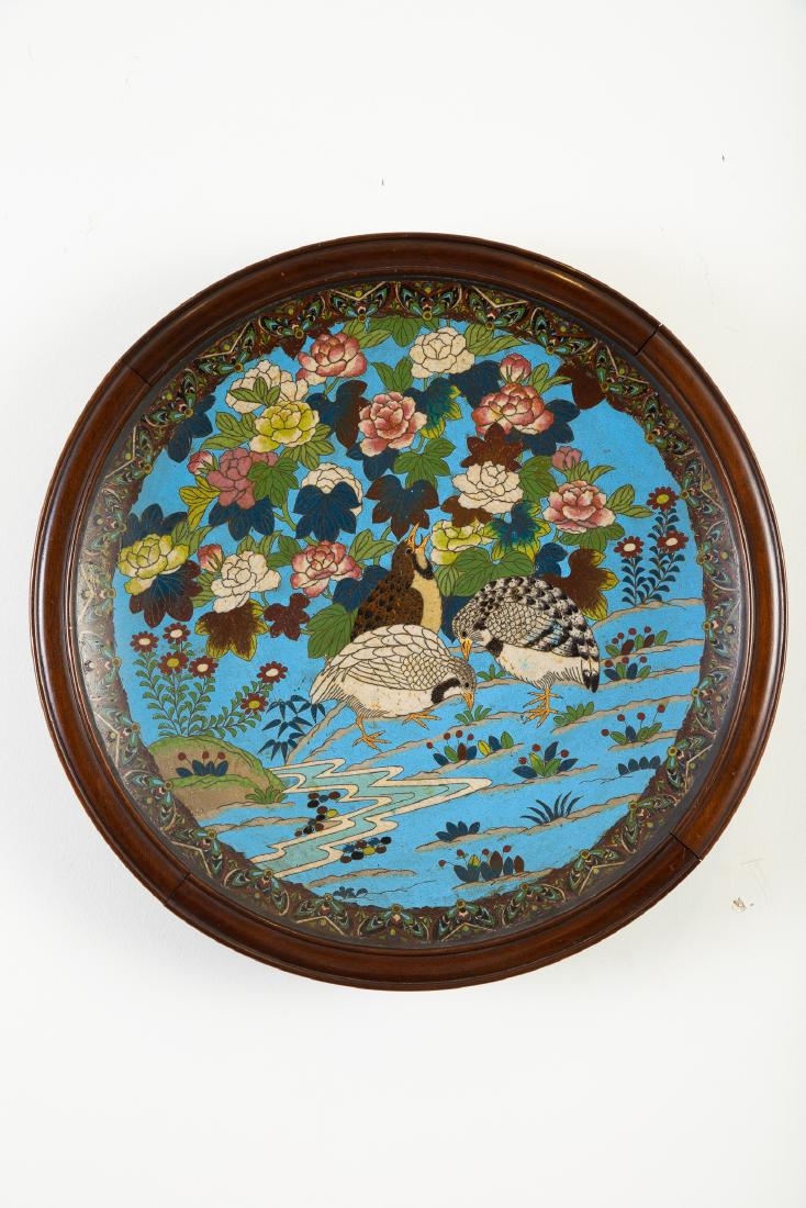 Japanese Meiji Cloisonne Tray with Flowers Birds: A very large Japanese Meiji period cloisonne charger with well executed enamel. Mounted in a lovely hardwood frame. Includes hanging features on the back and a wooden rim. Provenance: The Ampersand Sh