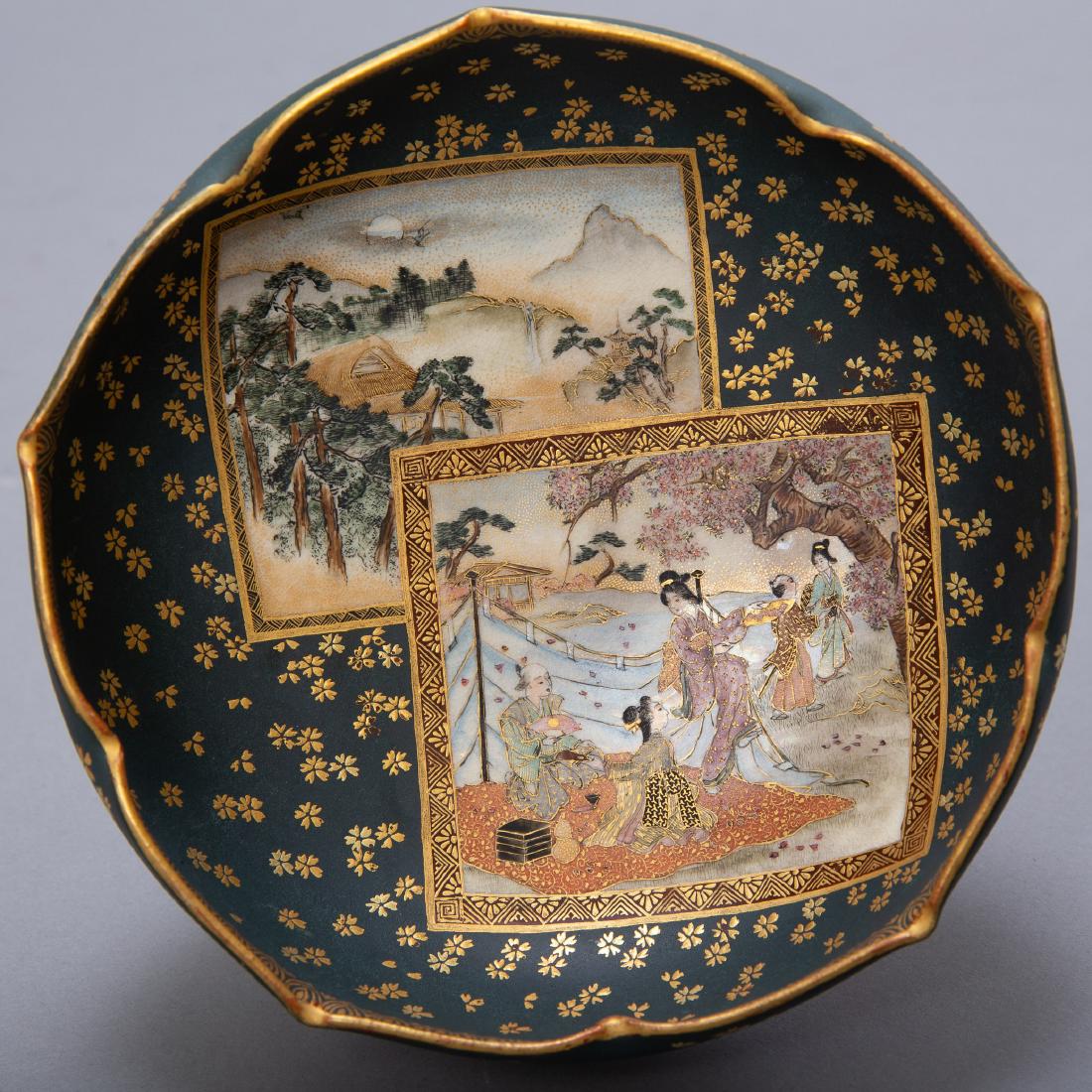 Japanese Meiji Ryokuzan Satsuma Bowl: A striking and high quality Japanese Meiji period satsuma bowl with a very unusual turquoise ground. Signed Ryokuzan. Provenance: Collection of Robert Johnson, purchased 2007; Private collection, Minn