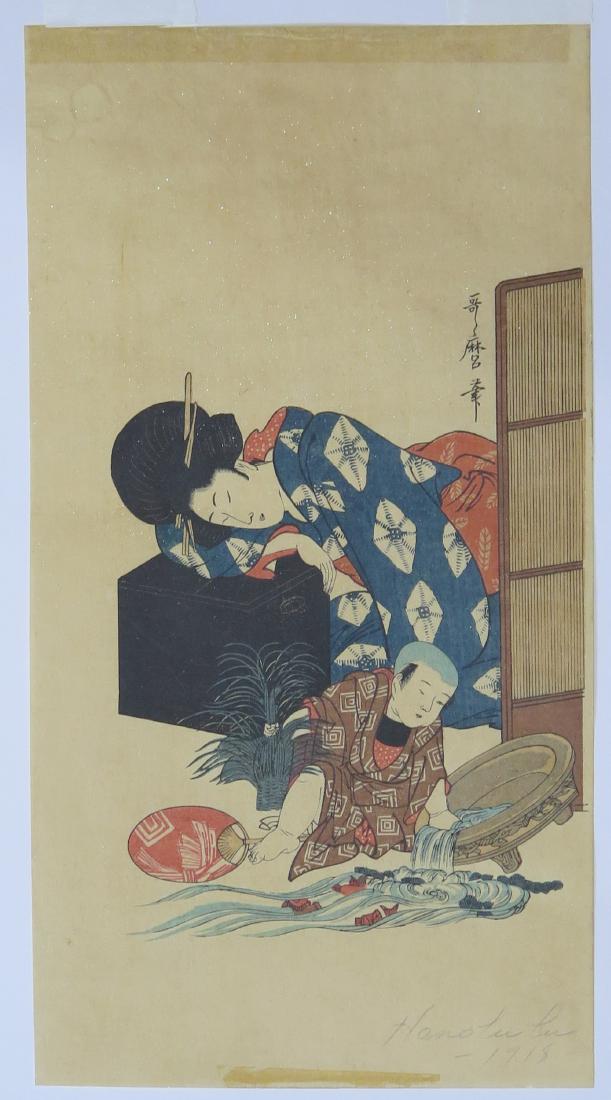 Grp: 2 18-19th c. Japanese Woodblock Prints by Ut: Group of two 18th or early 19th century Japanese woodblock prints by Kitagawa Utamaro. One print depict a mother sleeping, and a child spilling water. The other deicts women with a small child. Dimens