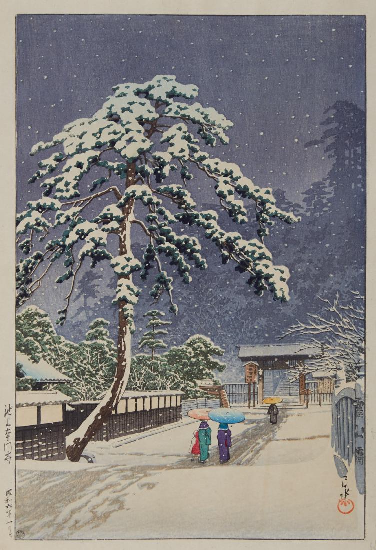 Kawase Hasui Woodblock Print of Snow Scene: Hasui Kawase (1883-1957). Japanese woodblock print depicting a snow scene. Dimensions: Height: 15 3/4 in x width: 10 3/8 in. SKU: 01129