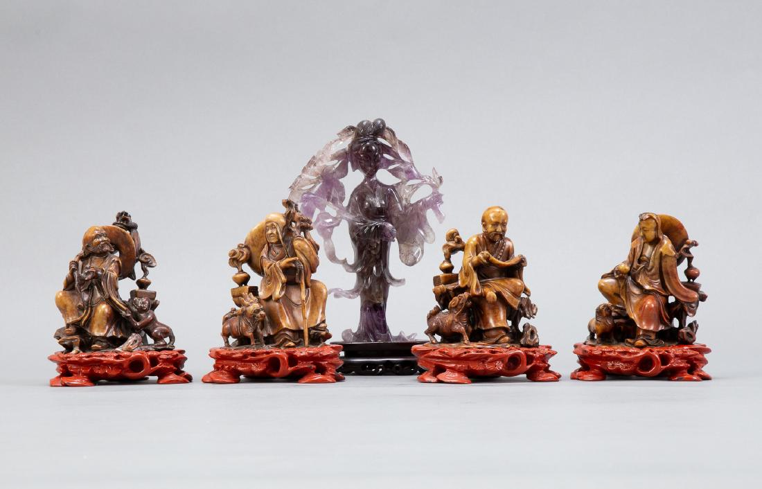 Grp:5 Chinese Soapstone and Amethyst Carvings: An excellent grouping of Chinese soap stone immortals also with an amethyst carving of a woman. All with custom wooden stands.Provenance: Adriaans Antiques, New Orleans, Louisiana, purchased 1970 and 