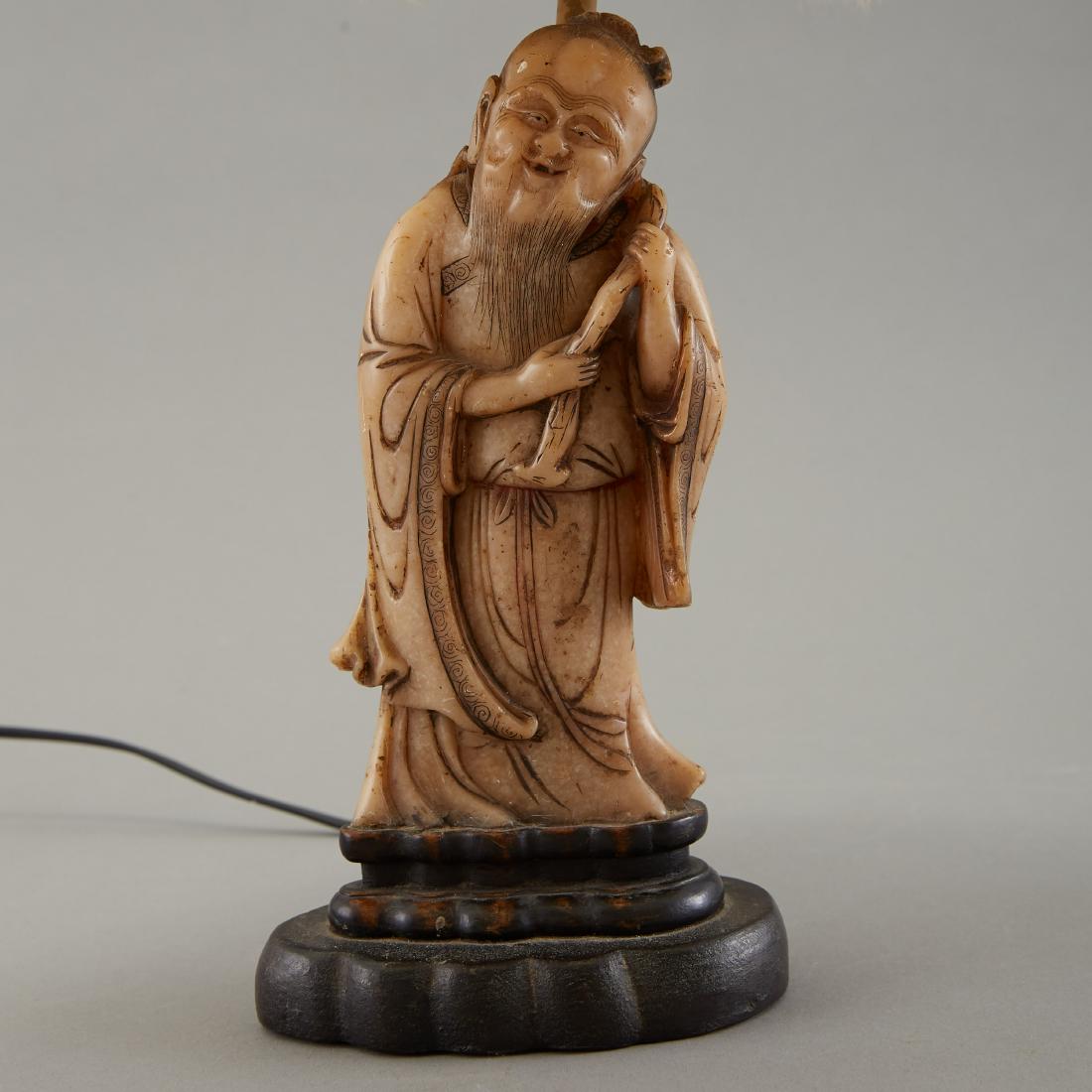 19th c. Chinese Carved Soapstone Figure as Lamp: An an elegant and early soapstone carving of a figure. Carved in China in the 19th century, it was mounted as a lamp in American in the early 20th century, most likely in the workshop of Edward I. Far