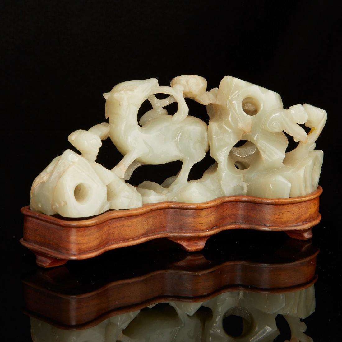 Chinese 19th c. Jade Brush Rest on Stand: A fine 19th c. brush rest in the form of deer among rocks. A lovely example of a prized scholar's desk object. The brush rest is now mounted on carved stand. Provenance: The Jewel Box: La Salle Diamon
