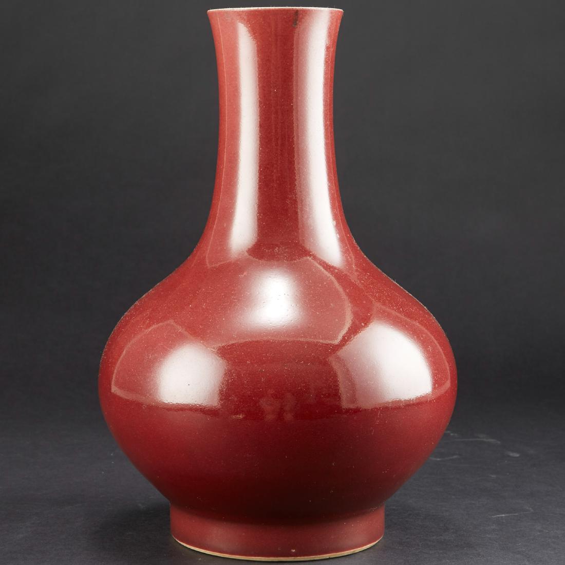 19th c. Chinese Oxblood Porcelain vase: 19th century Chinese oxblood or sang de boeuf porcelain vase. Vase reduced by one inch from the rim. Dimensions: Height: 11 in x diameter: 9 in. SKU: 01015