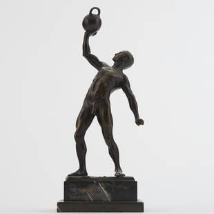 Hans Keck Bronze Sculpture: Hans Keck (1875-1941). Bronze sculpture depicting an athlete pressing a kettlebell. Signed along the base. Dimensions: Height: 18 in x width: 7 in x depth: 4 in. SKU: 01840