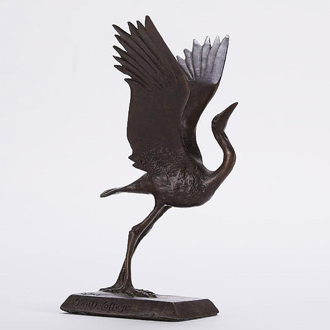 Elliot Offner Crane Bronze Sculpture: Elliot Offner (1931-2010). Bronze sculpture of a crane. Signed along the base. Additionally inscribed "Edition 150" and "Smith College." Dimensions: Height: 7 in x width: 4 in x depth: 2 1/2 in. SKU: