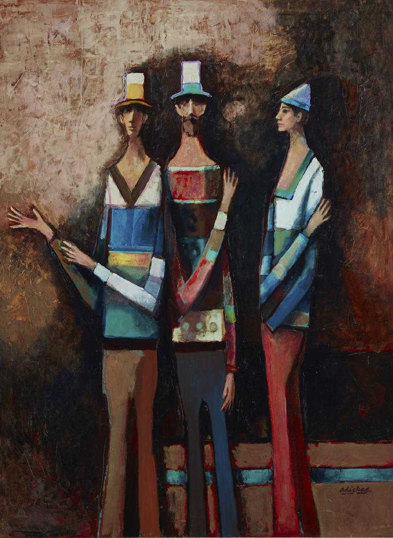 David Adickes Oil on Board: David Adickes (b. 1927). Oil on board depicting three men. Signed along the lower right. Dimensions: Unframed; height: 40 in x width: 30 in. Framed; height: 46 in x width: 36 in. SKU: 01174