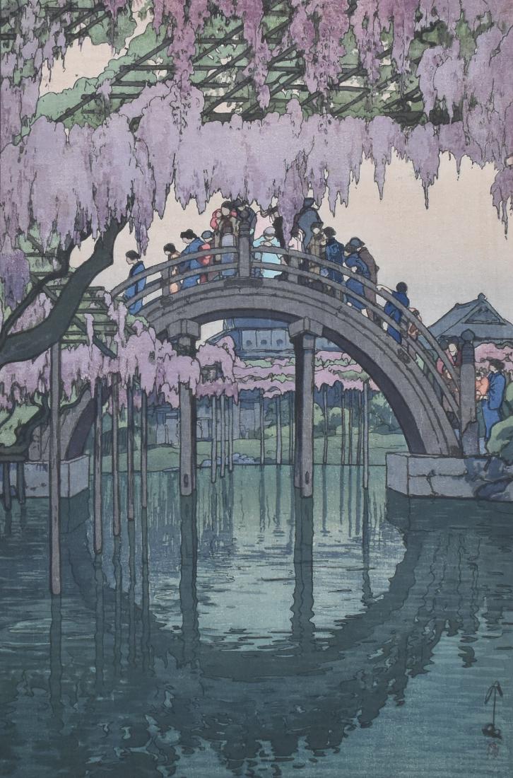 Hiroshi Yoshida "Kameido Bridge" Japanese Woodblo: Hiroshi Yoshida (1876-1950). Woodblock print titled "Kameido Bridge" from Yoshida's "Twelve Scenes of Tokyo" series. Signed and marked in the plate along the lower right; pencil signed along the lower