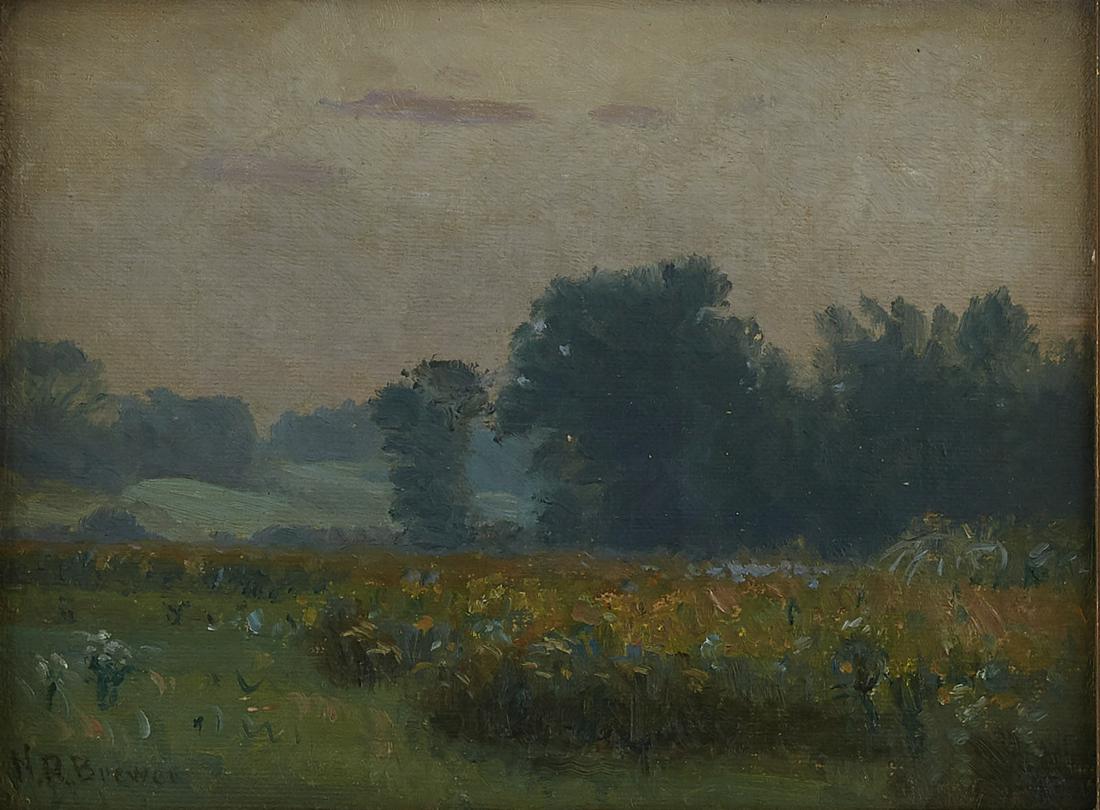 Nicholas R. Brewer Landscape Oil on Canvas-Laid B: Nicholas R. Brewer (1857-1949). Oil on canvas-laid board depicting a meadow landscape. Signed along the lower left. Titled "Near the [illegible]" and dated 1912 along the verso. Provenance: Private co