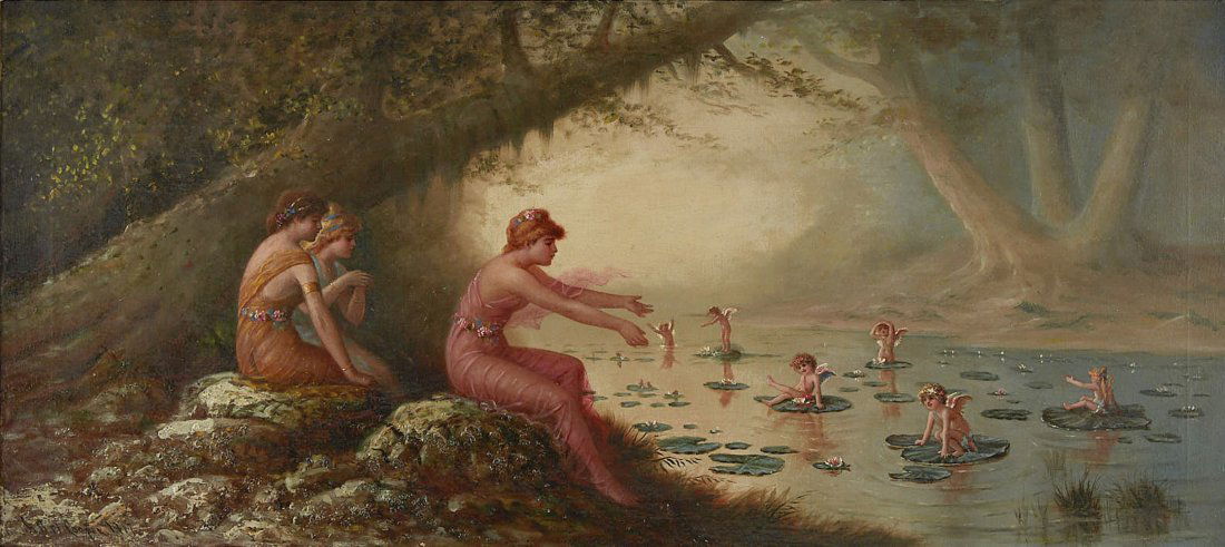 ADM Cooper Nymphs and Cherubs Oil on Canvas: Astley David Middleton Cooper (1856-1924). Oil on canvas depicting a group of nymphs and cherubs frolicking in a wooded stream. Signed and dated 1919 along the lower left. Provenance: Private collecti