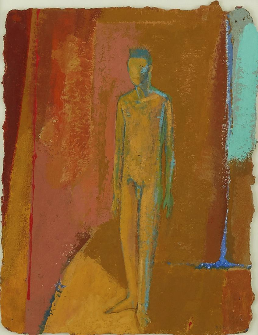 Benjamin Lira Painting of a Man Mixed Media: Benjamin Lira (b. 1950). Mixed media on paper depicting the figure of a man. Signed and dated 1989 along the lower right. Provenance: Private collection, Minnesota Dimensions: Sight; height: 13 in x w