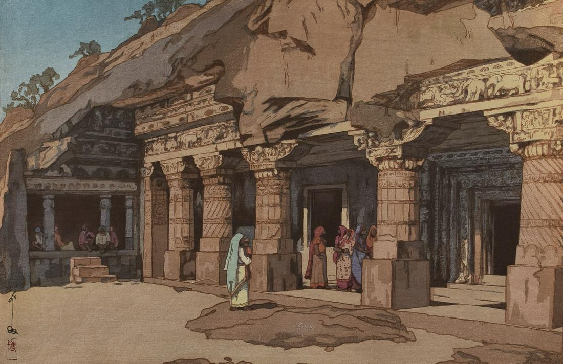 Hiroshi Yoshida "Ajanta Cave Temple" Japanese Woo: Hiroshi Yoshida (1876-1950). Japanese woodblock print on paper titled "Ajanta Cave Temple," depicting a group of worshippers entering the Ajanta Caves in India. Pencil signed along the lower right and
