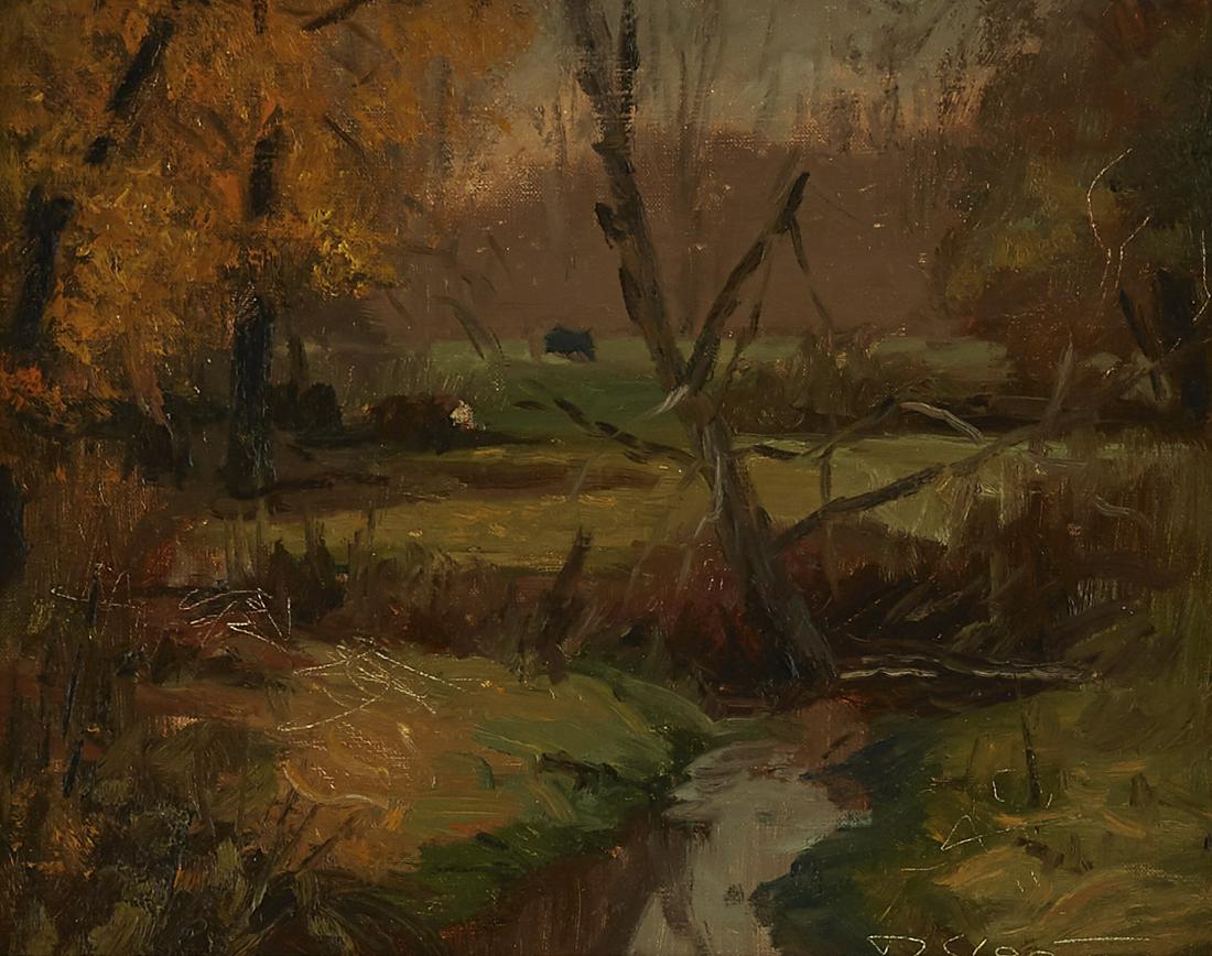 David Slonim "November First" Oil on Canvas: David Slonim (b. 1966). Oil on canvas titled "November First" depicting an autumnal forest scene. Signed along the lower right. Further signed, titled, and dated 1997 along the verso. With a card from