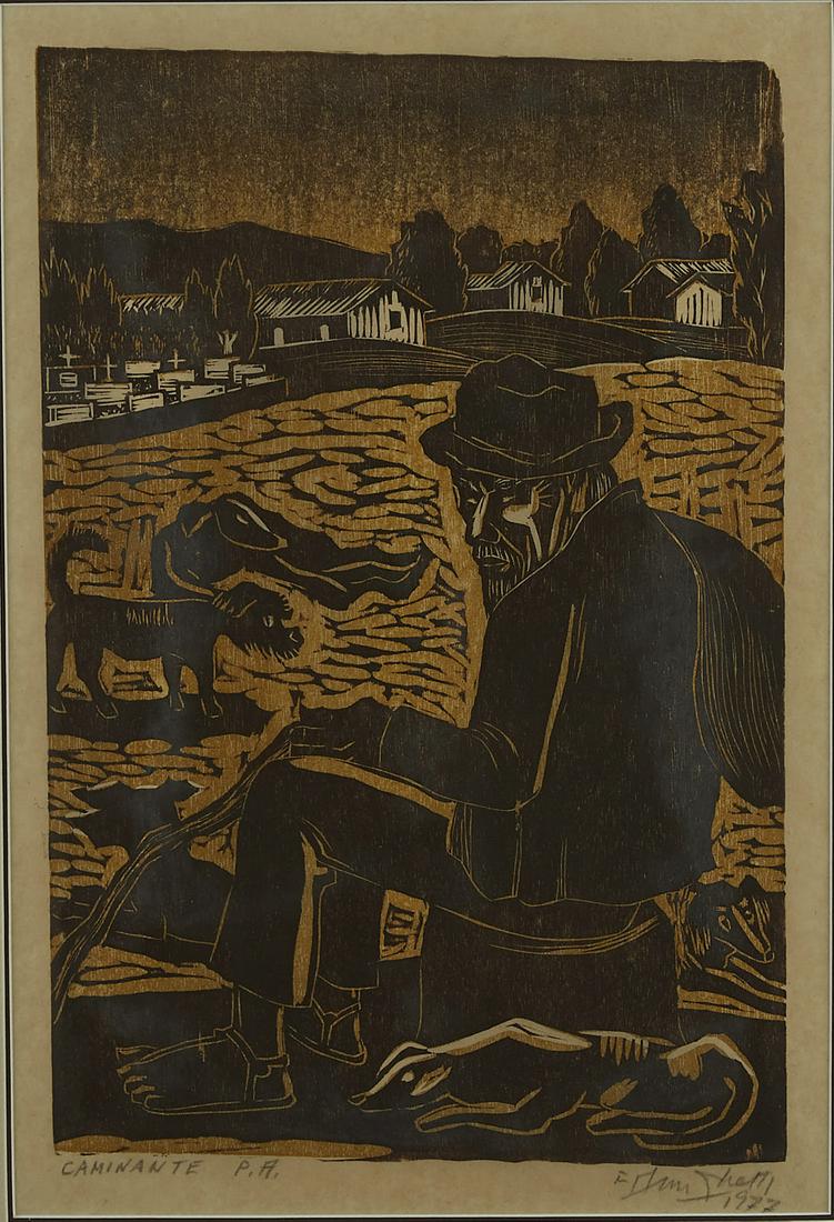 Francisco Amighetti "Caminante" Woodcut: Francisco Amighetti (1907-1998). Woodcut on paper titled "Caminante" depicting a man with two dogs. 1977. Signed and dated along the lower right, and titled and marked P.A. along the lower left. Dimen