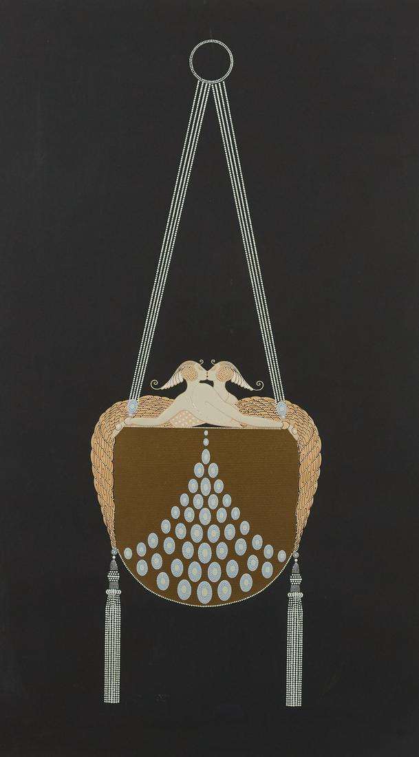 Erte "The Clasp" Silkscreen: Erte (1892-1990). Silkscreen on paper titled "The Clasp," depicting two lovers in an embrace. 83/300. Blindstamped along the lower left. Dimensions: Sight; height: 44 in x width: 25 1/4 in. Framed; he