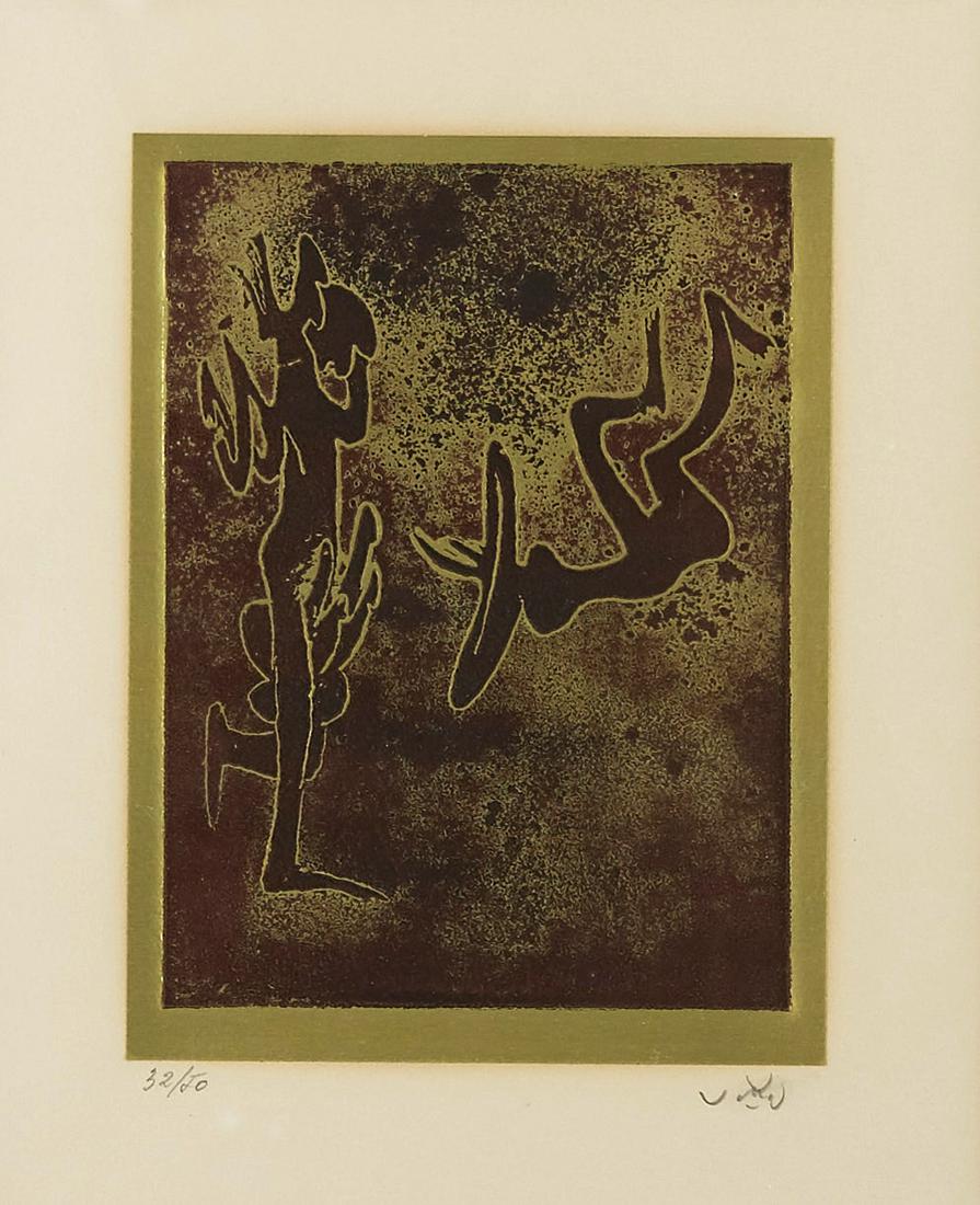 Roberto Matta "Personnage Brun" Etching Aquatint: Roberto Matta (1911-2002). Personnage Brune, 1972, Etching and Aquatint in colors in red on gold foil depicting a pair of abstracted figures. Signed along the lower right and numbered 32/50 along the