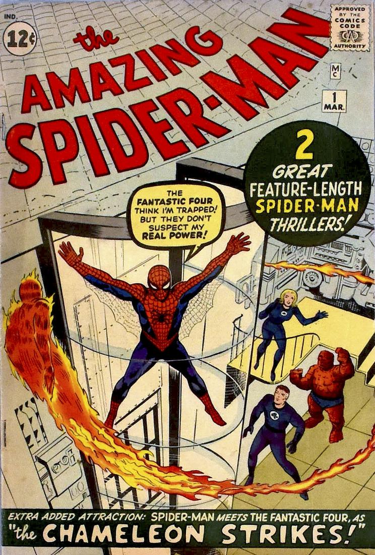 The Amazing Spiderman #1 Comic Book: The Amazing Spider-Man #1 (Marvel Comics, March 1963). Stan Lee story; Steve Ditko cover and art. CGC Universal Grade 4.0: off-white to white pages. This iconic comic book features the origin of Spide