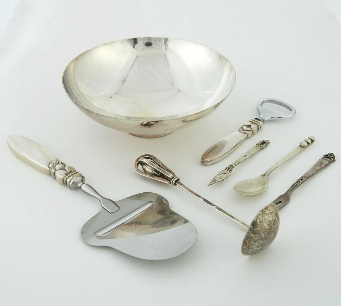 Group 7 Pieces Sterling Silver Georg Jensen: Group of seven pieces of Georg Jensen sterling silver, comprised of one ladle, one bottle opener, one pointed can opener, one cheese slicer, and one bowl. The bowl is engraved "Everything in moderatio